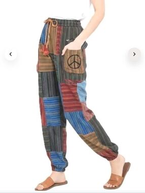 Boho Patchwork Peace Sign Hippie Elastic Waist Women Harlem Pants - Multicolor M